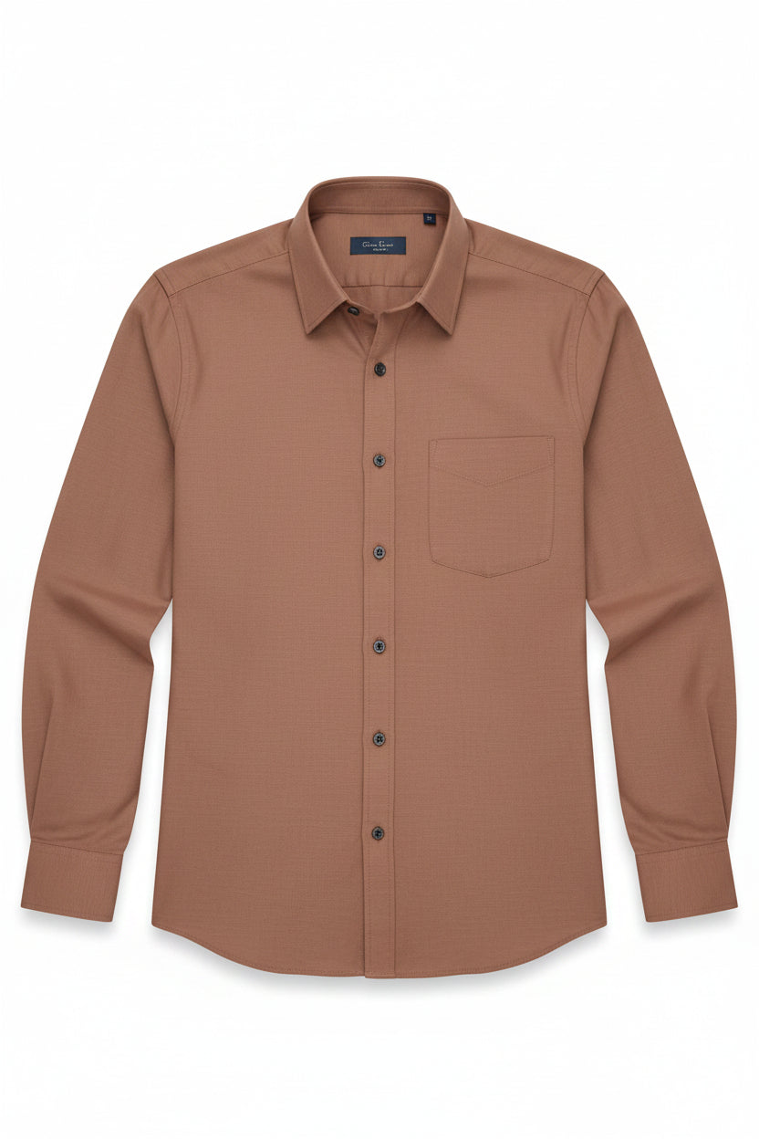 ARVIND Zinia unstitched Giza cotton satin shirting fabric in saddle brown with a smooth, shiny finish and natural woven texture.