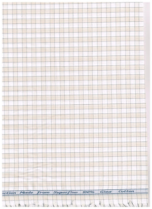 Beige Tresca cotton checks shirting fabric by Arvind, showing a close-up of the soft, unstitched woven textile with check pattern.