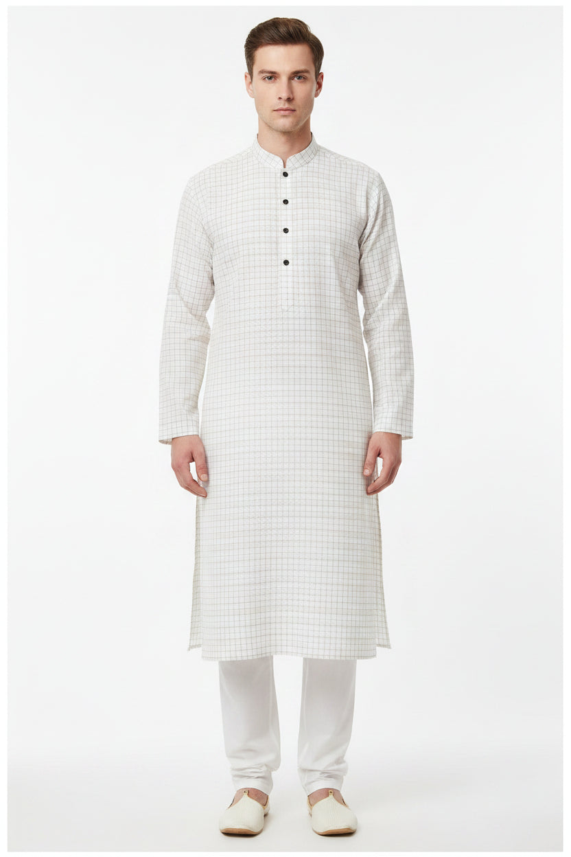 Beige Tresca cotton checks shirting fabric by Arvind, close-up of woven textile with check pattern and soft texture.