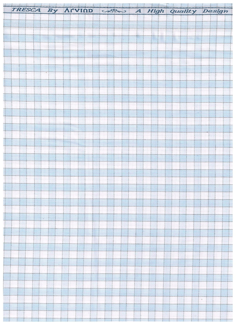 Experience The Luxury of Unstitched Checks Tresca Cotton Shirting Fabric By Arvind ( White & Blue )