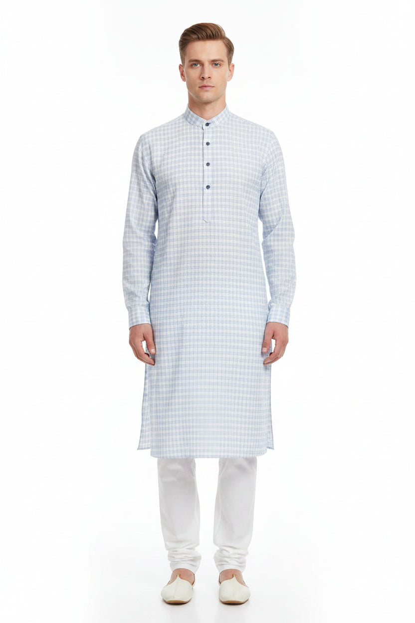 White and blue Arvind Checks Tresca cotton shirting fabric with a classic check pattern.