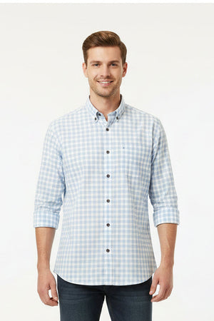 Arvind Checks Tresca cotton shirting fabric in white and blue with a classic check pattern, suitable for shirts or garments.