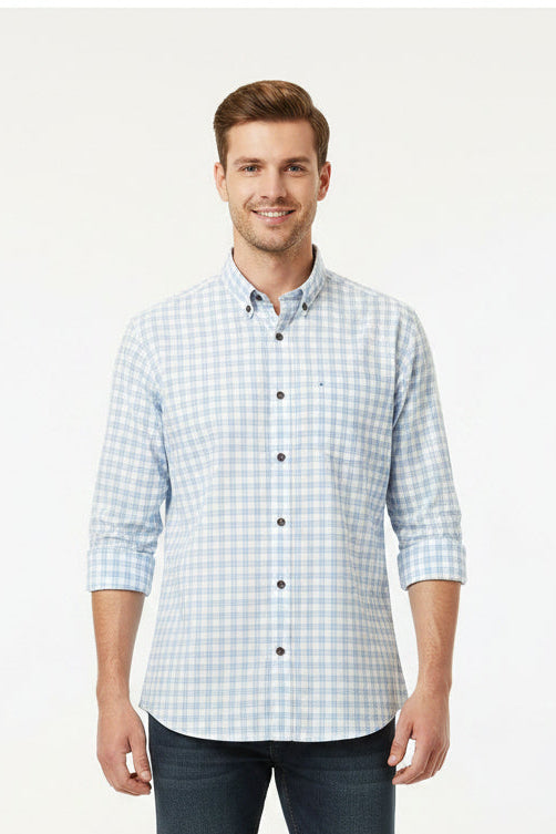 Arvind Checks Tresca cotton shirting fabric in white and blue with a classic check pattern, suitable for shirts or garments.