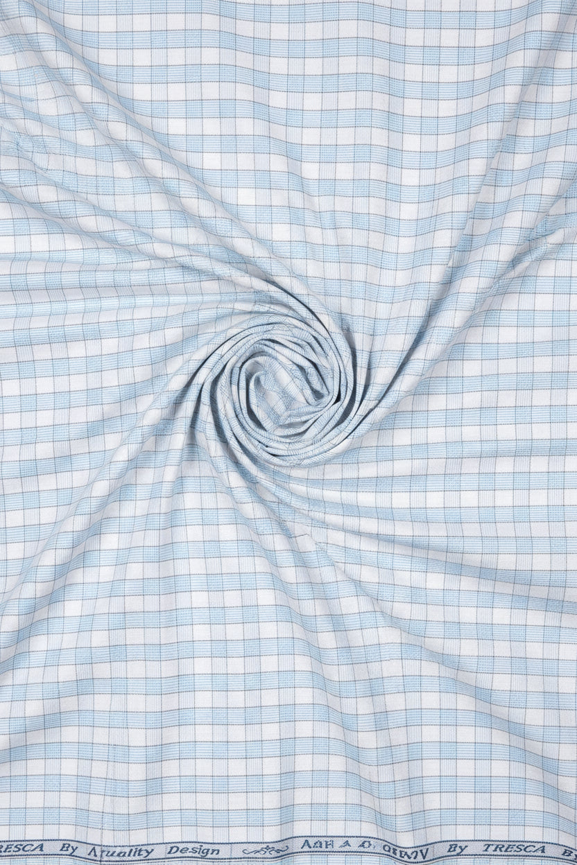 White and blue Arvind Checks Tresca cotton shirting fabric with a checkered pattern, ideal for shirts and dressmaking.
