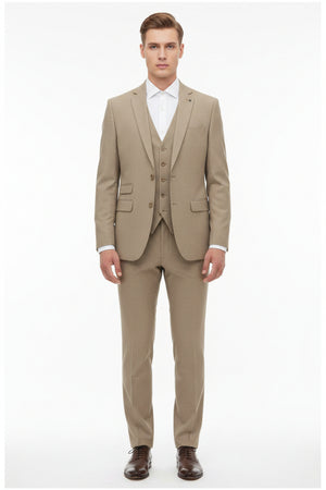 Natural tan cotton lycra trousers and suiting fabric from Arvind, shown in a close-up of the textured textile.