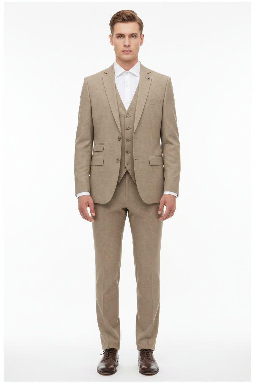 Natural tan cotton lycra trousers and suiting fabric from Arvind, shown in a close-up of the textured textile.