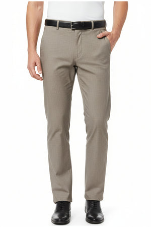 Natural tan cotton lycra Arvind suiting fabric close-up, showing smooth texture and fabric weave for tailored clothing.