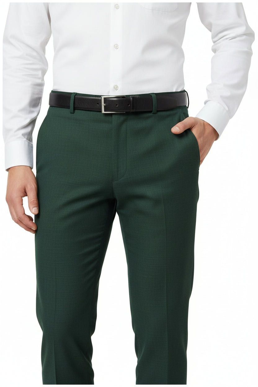 Seaweed green Raymond Polywool trousers and suiting fabric with Lycra stretch, shown in a close-up image of the fabric texture.