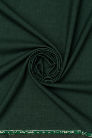 Raymond polywool Lycra stretchable trousers and suiting fabric in seaweed green, close-up of textured fabric and woven pattern.