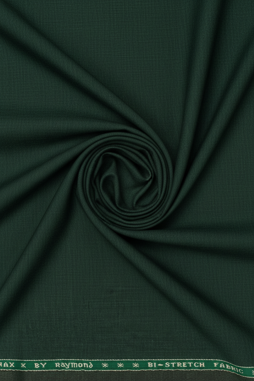 Raymond polywool Lycra stretchable trousers and suiting fabric in seaweed green, close-up of textured fabric and woven pattern.