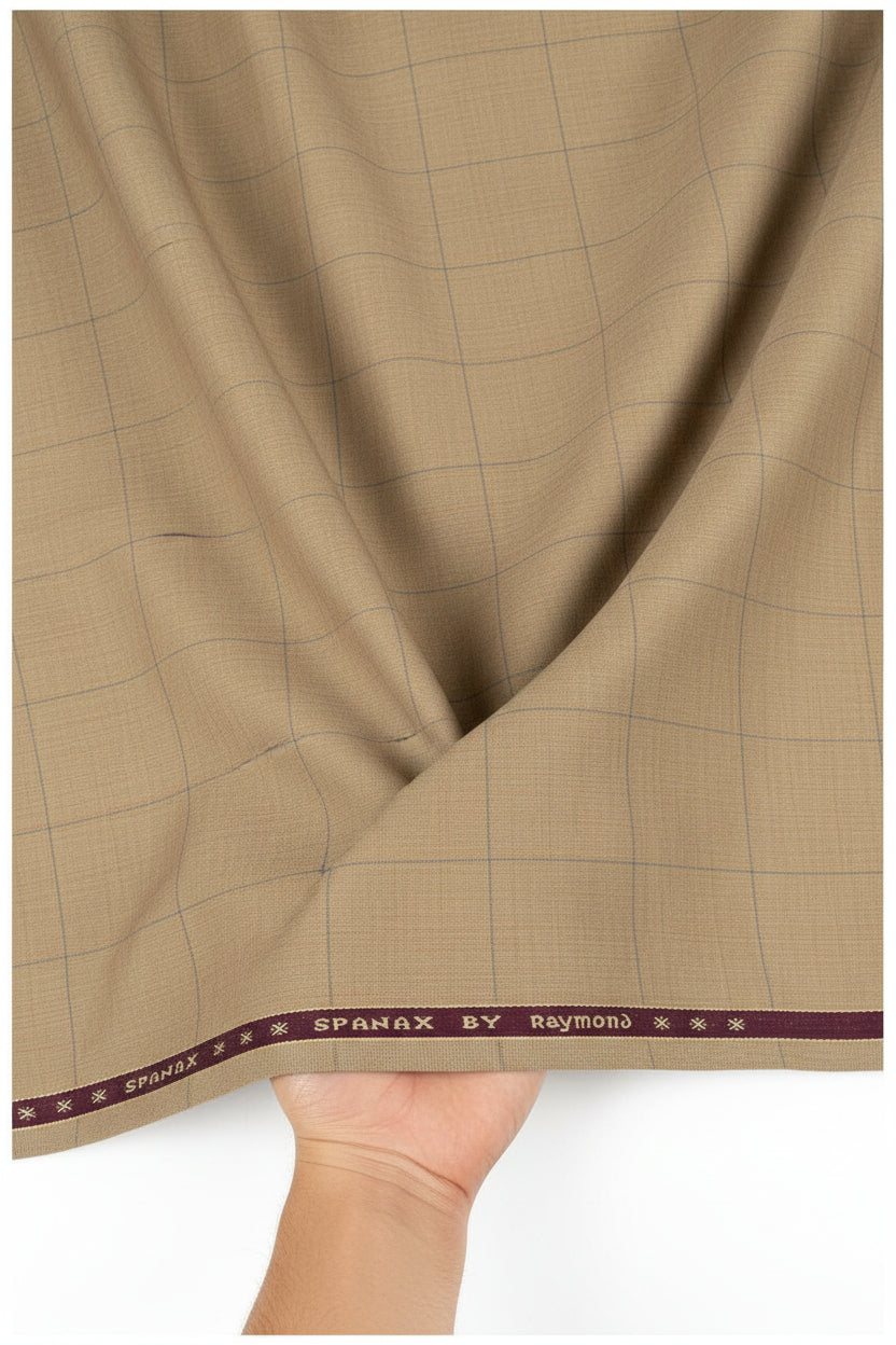 Beige tan Raymond polywool Lycra stretchable trousers and suiting fabric, close-up of textured woven material.