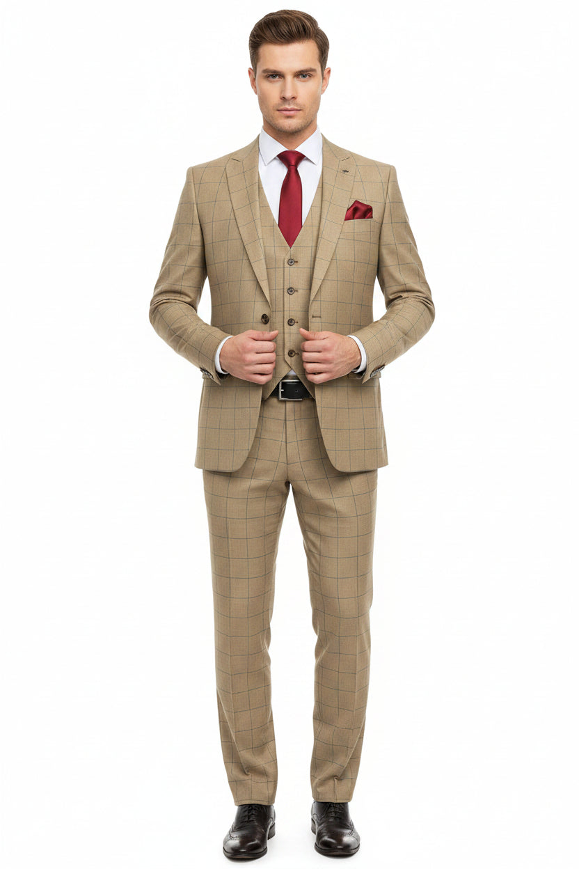 Beige Raymond Polywool trousers and suiting fabric with Lycra stretch, shown in a close-up of the stretchable material.