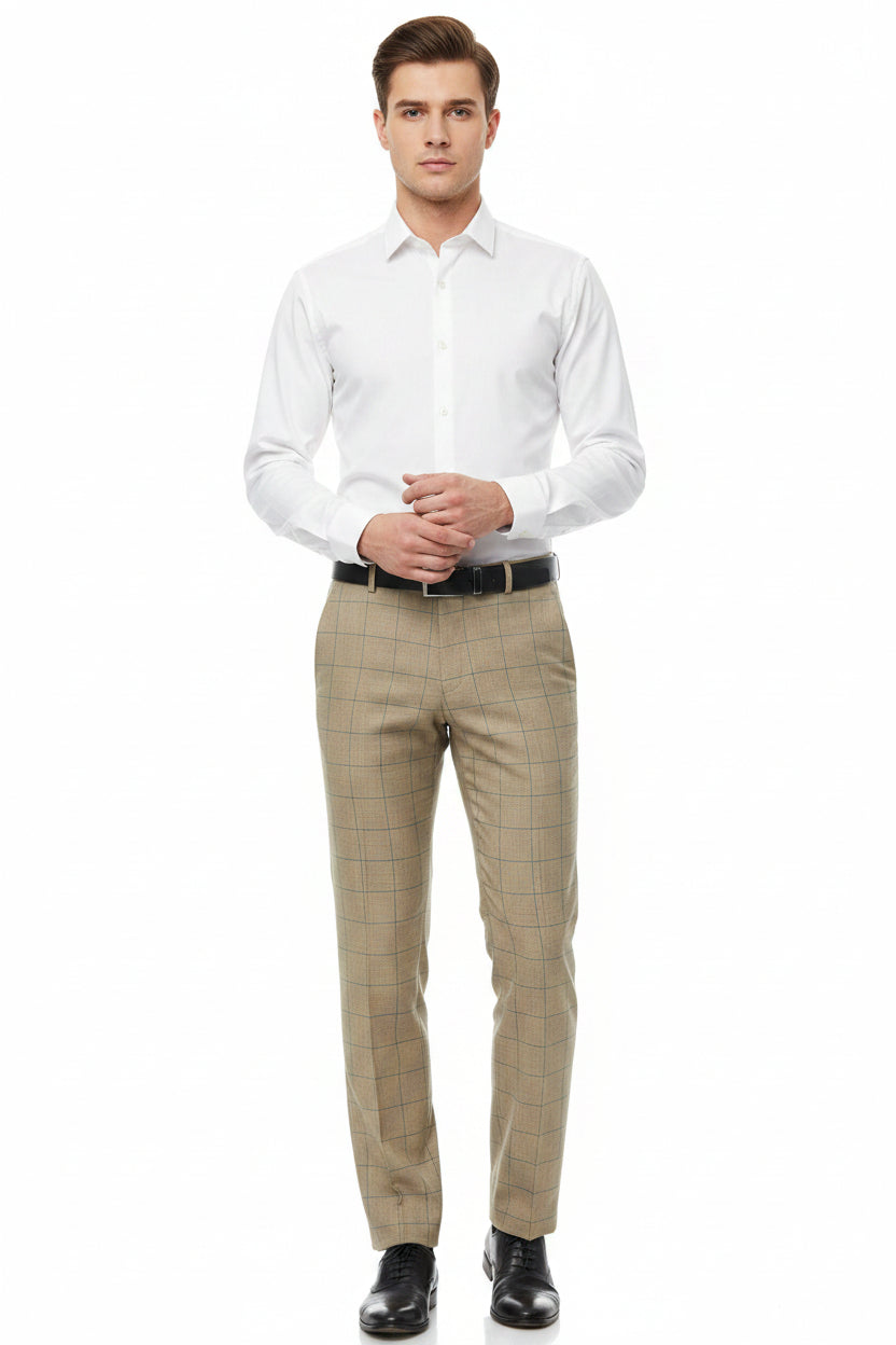 Beige Raymond Polywool Lycra stretchable trousers and suiting fabric fabric with a smooth, professional appearance.