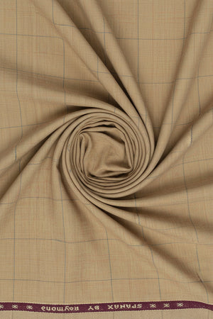 Beige Raymond Polywool Lycra stretchable trousers and suiting fabric, close-up of beige tan fabric with woven texture.