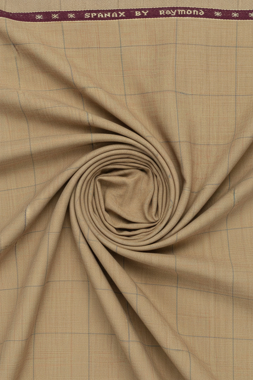 Beige tan Raymond polywool lycra stretchable trousers and suiting fabric, close-up of textured woven material.