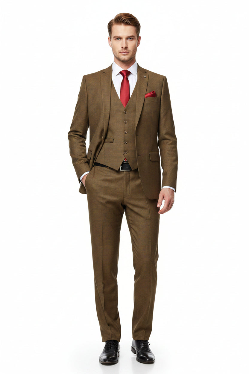 Brown Raymond polywool Lycra stretchable fabric for trousers and suiting, showing a close-up of the textured woven material.
