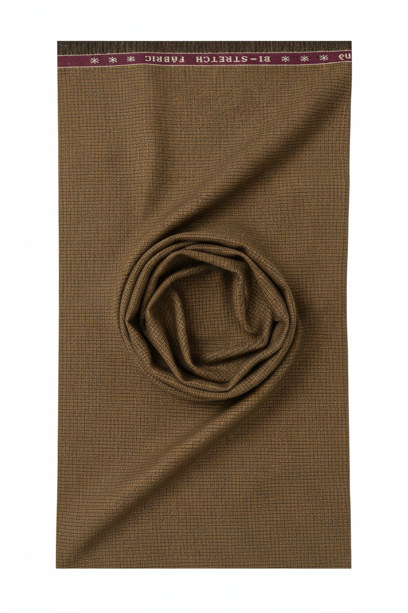 Brown Raymond polywool lycra stretchable fabric for trousers and suiting, showing a close-up of the textured woven material