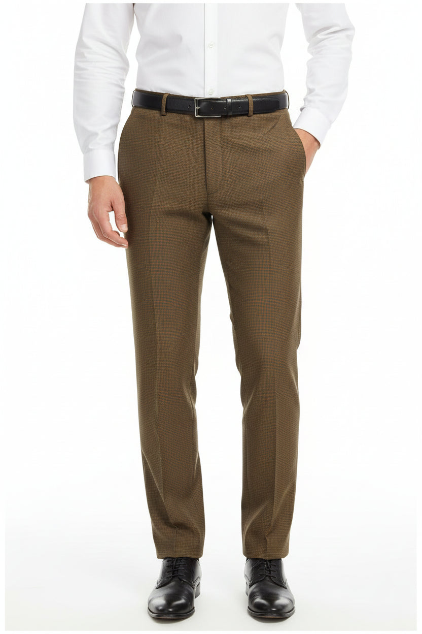 Brown Raymond Polywool Lycra stretchable suiting fabric with a smooth woven texture, suitable for trousers and formal suits.
