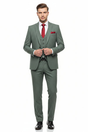 Raymond Polywool trousers and suiting fabric in Laurel Green with Lycra stretch, showing the textured fabric and color details.