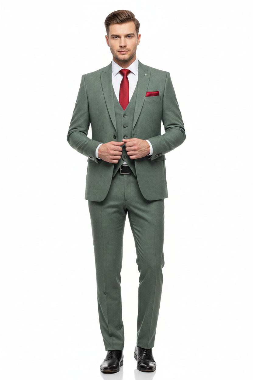 Raymond unstitched polywool lycra stretchable trousers and suiting fabric in Laurel Green, textured fabric with a smooth finish.