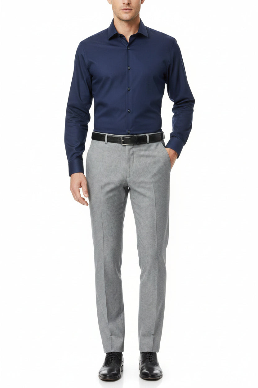 Gray Raymond polywool trousers and suit fabric showing a smooth wool blend texture and tailored fabric design.