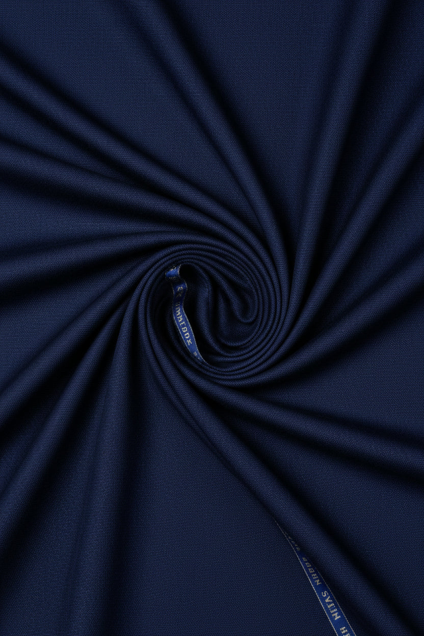 Royal blue Raymond polywool fabric for trousers and suiting, showing a smooth, luxurious textured textile.