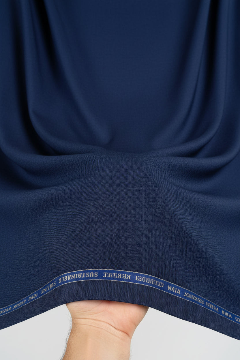 Royal blue Raymond unstitched polywool trousers and suiting fabric shown in close-up with textured fabric details.