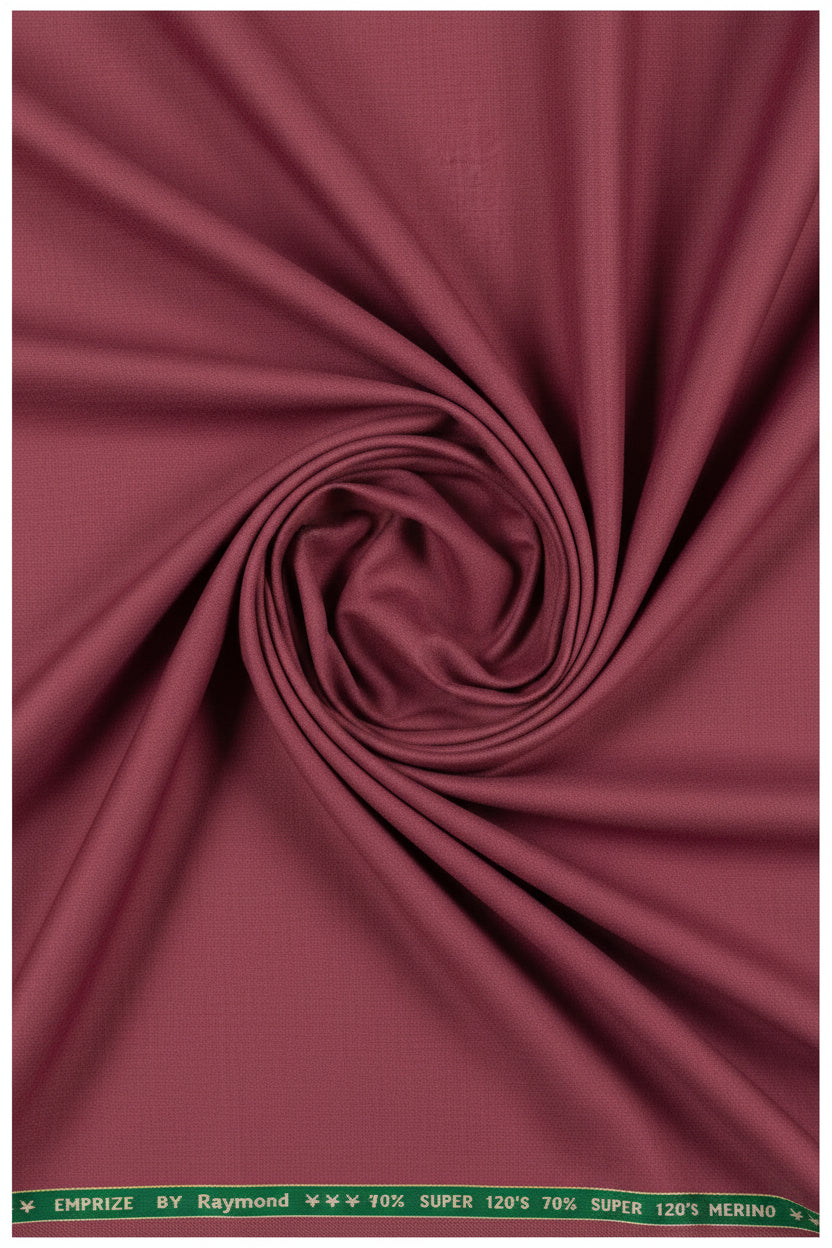 Raymond unstitched super 120’s polywool trousers and suiting fabric in maroon pink, detailed fabric texture and color.