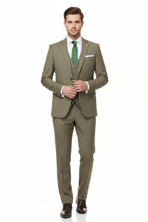 Raymond unstitched Super 120’s polywool trousers and suiting fabric in olive khaki, featuring a textured fabric with a smooth finish.