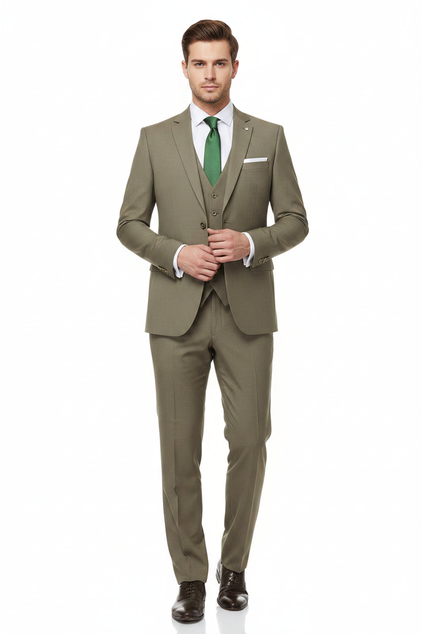 Raymond unstitched Super 120’s polywool trousers and suiting fabric in olive khaki, featuring a textured fabric with a smooth finish.