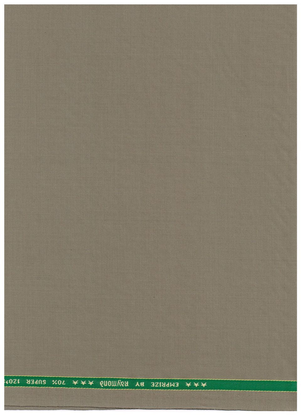 Raymond unstitched Super 120's polywool trousers and suiting fabric in olive khaki color, displayed flat for tailoring or sewing.