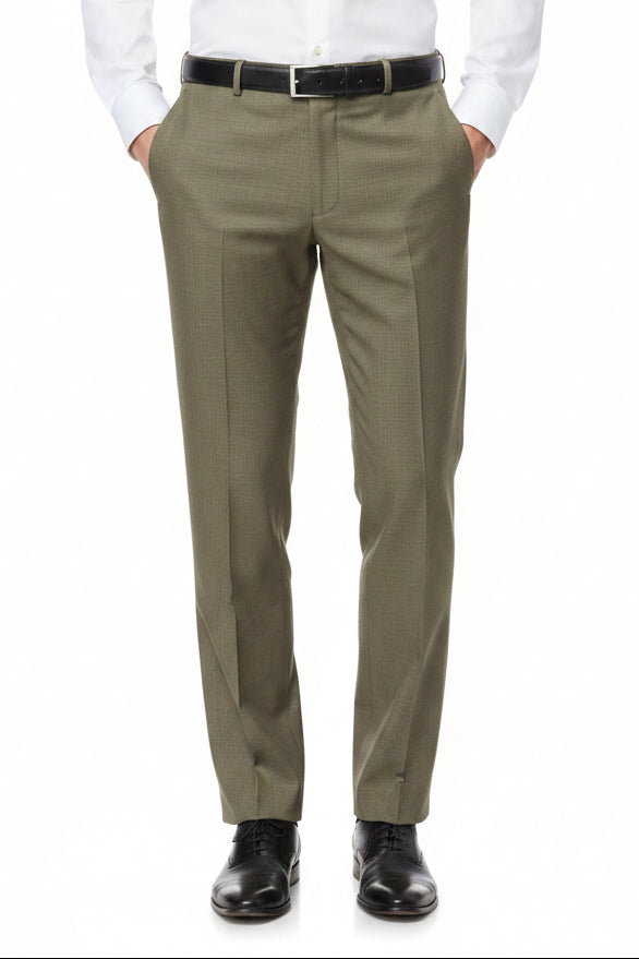 Raymond Super 120’s polywool trousers and suiting fabric in olive khaki color, showcasing the textured fabric and tailored fit.