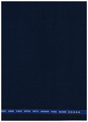 Navy blue Raymond Super 100's poly wool trousers and suiting fabric for men's formal wear, shown in close-up fabric detail.