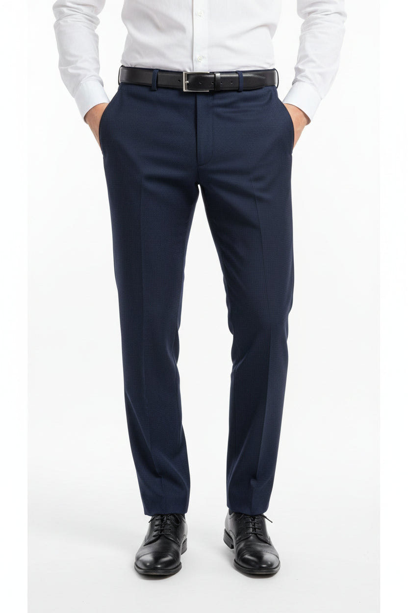 Navy blue Raymond Super 100's poly wool trousers and suiting fabric, tailored for formal wear, displayed on a flat surface.