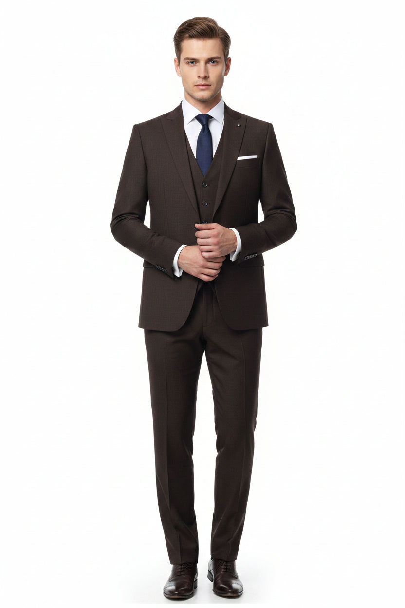 Brown Arvind Lycra stretchable trouser and suiting fabric with a smooth, flexible texture for tailoring and formal wear.