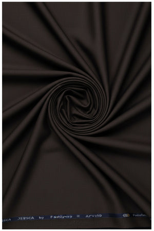 Brown Arvind Lycra stretchable trouser and suiting fabric, close-up of textured woven material with slight sheen.