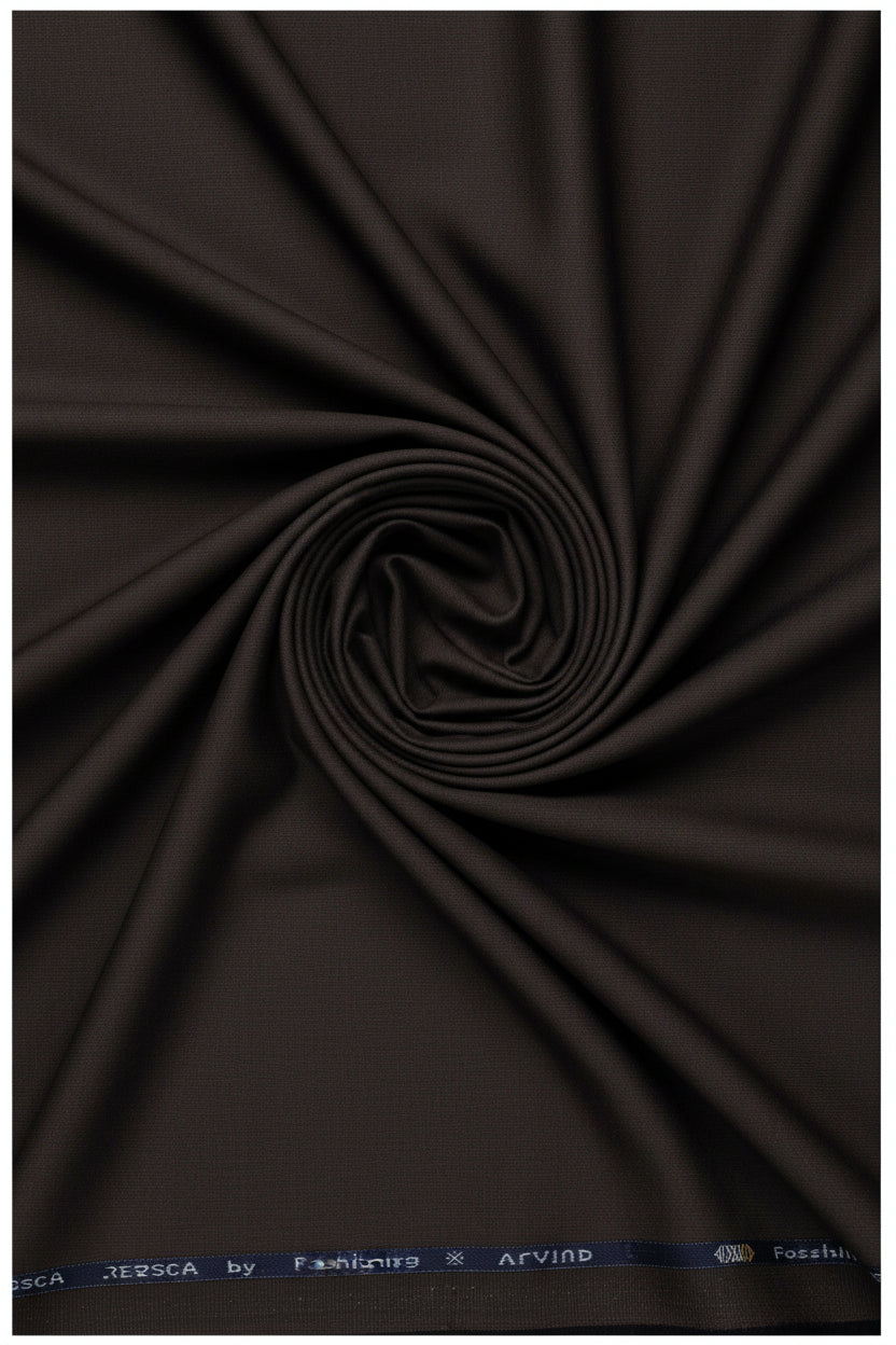 Brown Arvind Lycra stretchable trouser and suiting fabric, close-up of textured woven material with slight sheen.