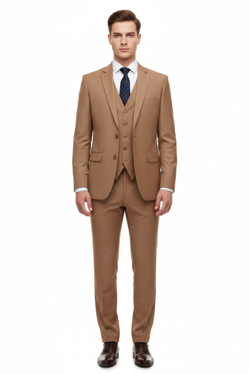 Brown Arvind Cotton Lycra stretchable suiting fabric shown in the image with a smooth, woven texture and slight stretch.