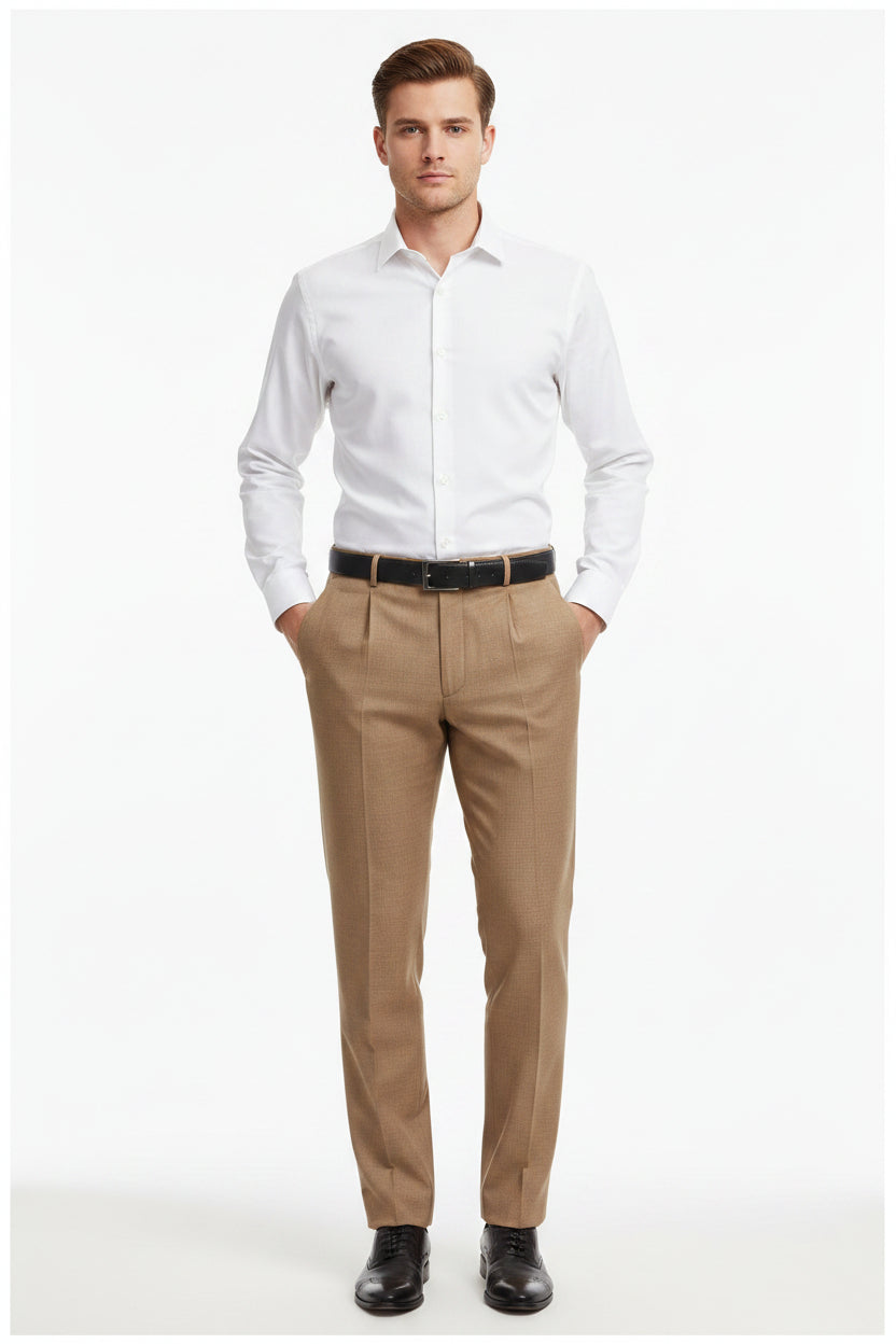 Brown ARVIND Cotton Lycra stretchable trouser and suiting fabric with a smooth, flexible textile appearance.