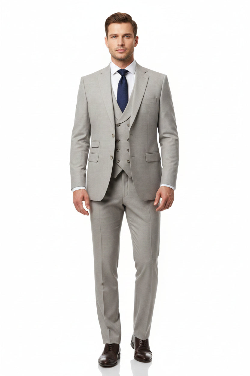 Steel grey Arvind cotton Lycra stretchable trouser and suiting fabric, showing textured cotton-lycra blend material.