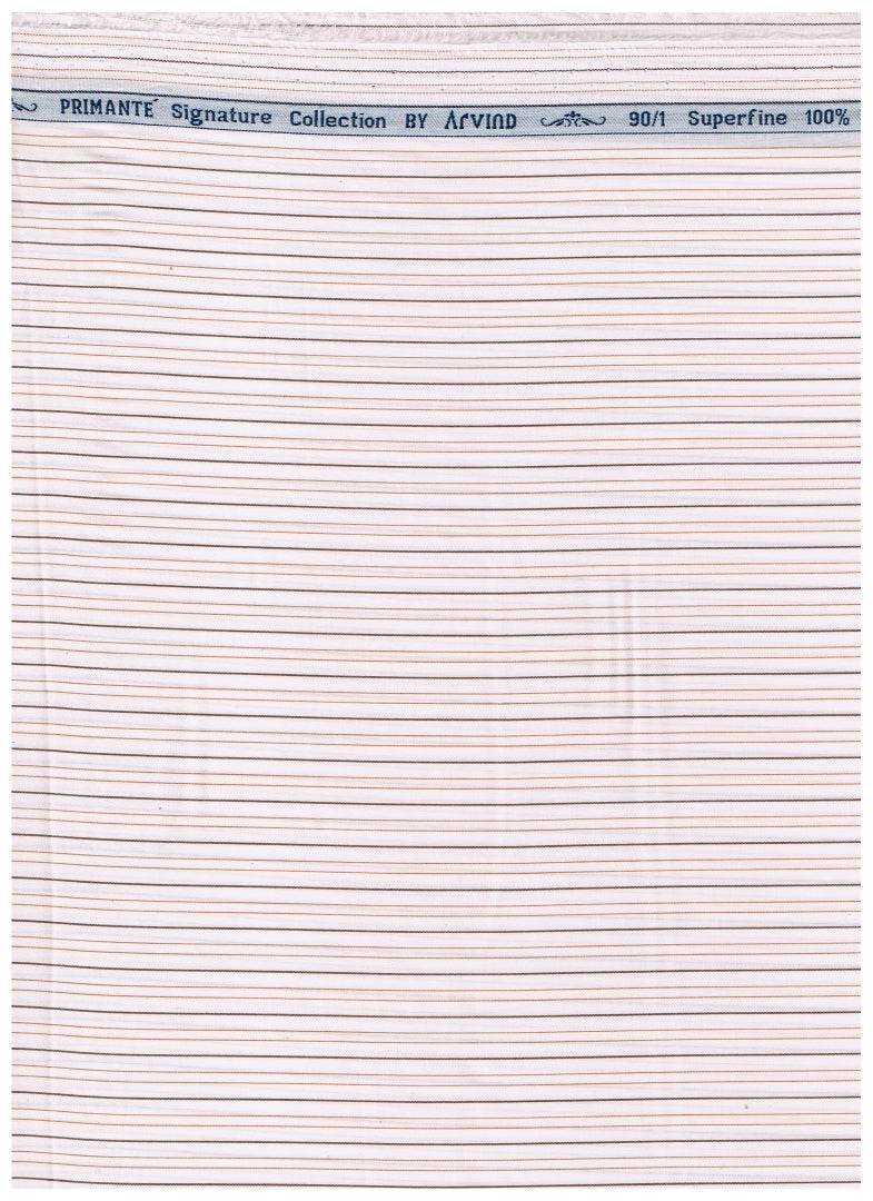 Experience The Luxury of Unstitched Primante Cotton Shirting Fabric By Arvind ( Brown Pinstripes on White )