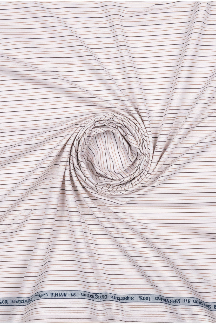 Primante Cotton Shirting Fabric by Arvind with brown pinstripes on white, showcasing luxurious unstitched shirting material.