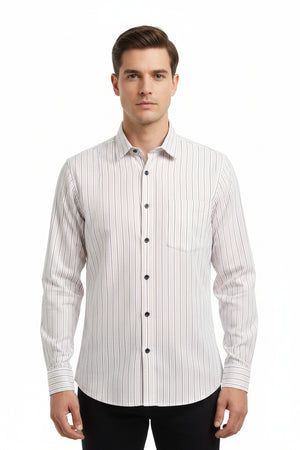 Primante Cotton Shirting Fabric by Arvind with brown pinstripes on white, showcasing luxurious unstitched cotton fabric.