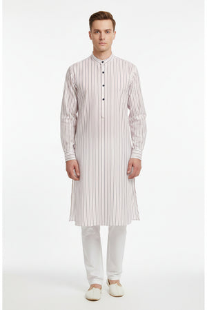 Unstitched Primante cotton shirting fabric by Arvind with white base and brown pinstripes, suitable for custom shirts.