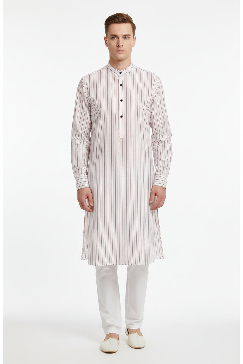Unstitched Primante cotton shirting fabric by Arvind with white base and brown pinstripes, suitable for custom shirts.