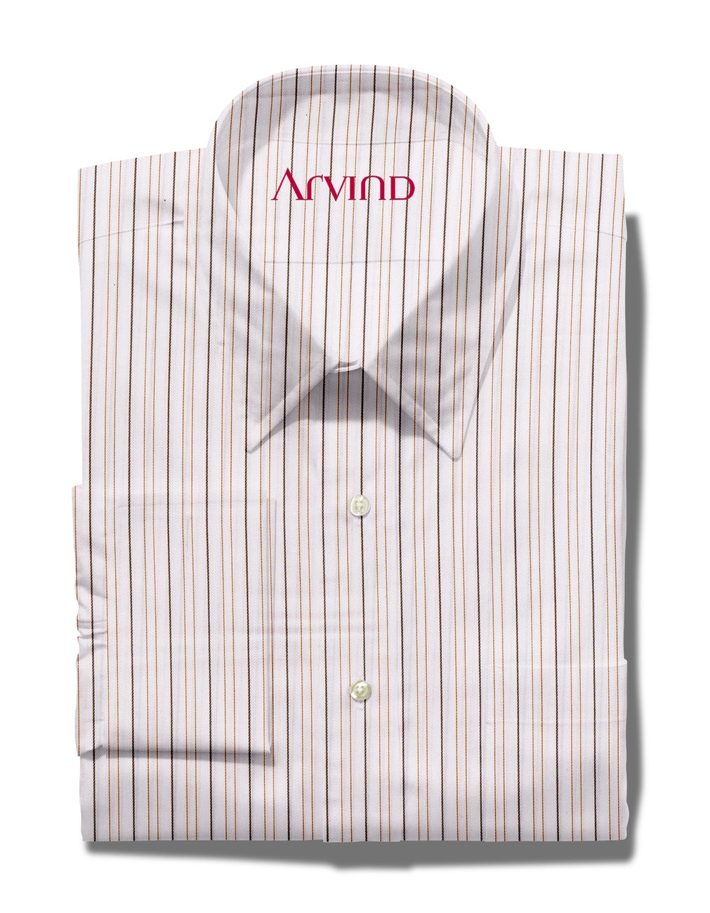 Experience The Luxury of Unstitched Primante Cotton Shirting Fabric By Arvind ( Brown Pinstripes on White )