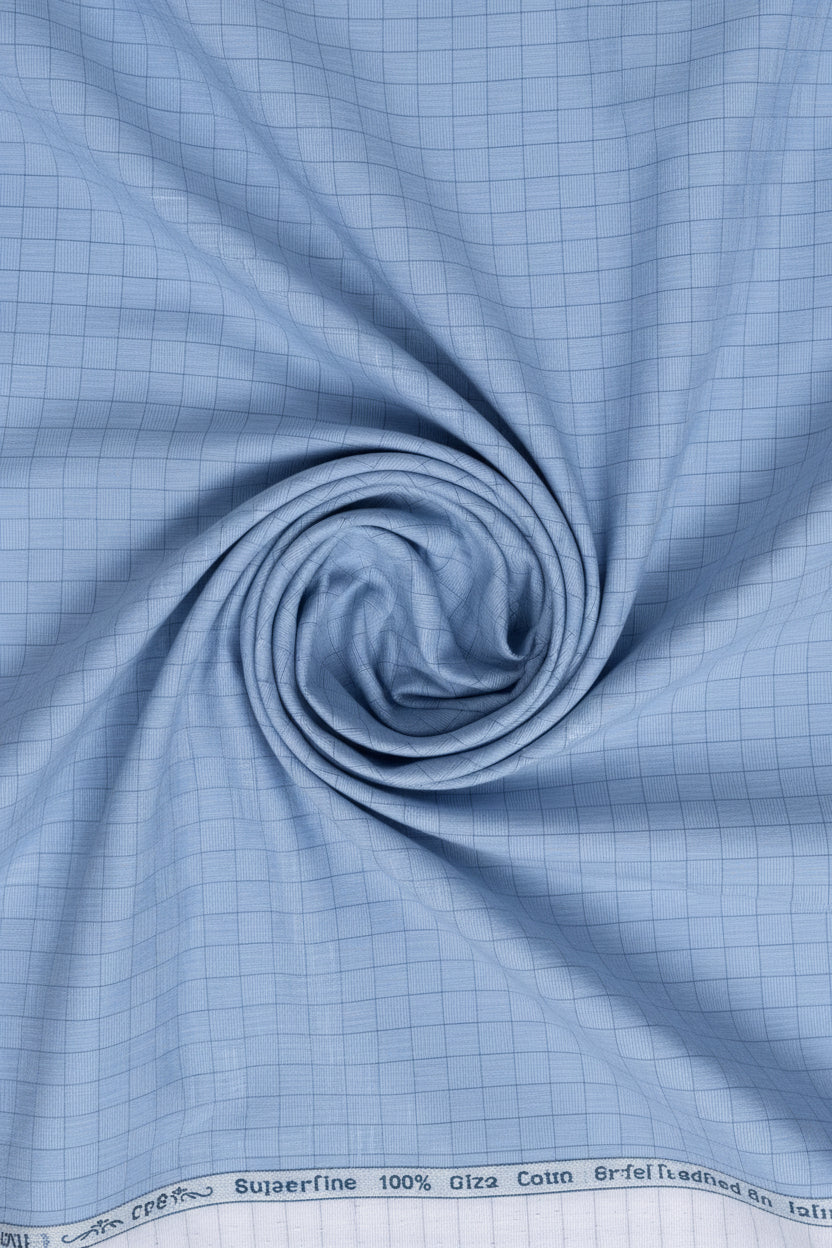 Arvind denim blue shirting fabric with a smooth texture, ideal for making stylish shirts and casual wear.