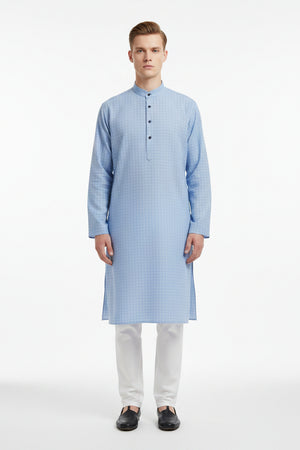 Arvind Denim Blue Shirting Fabric showcasing smooth, woven textile with a denim blue color and subtle texture details.