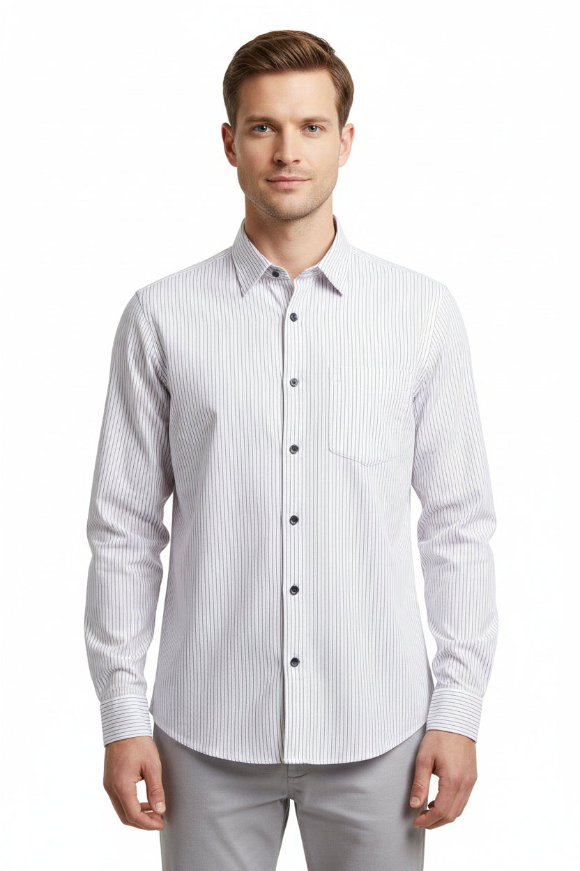 Light pink Primante cotton striped shirting fabric by Arvind, showing a close-up of the soft, high-quality textile with stripes pattern.