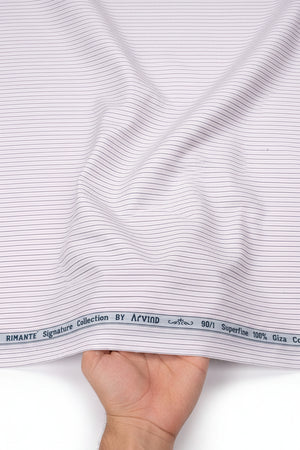Light pink Primante cotton striped shirting fabric by Arvind, showcasing soft, high-quality unstitched fabric with classic stripe pattern.